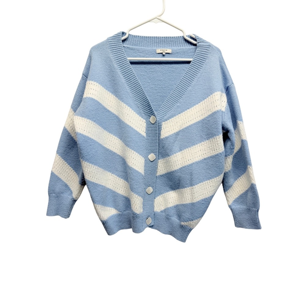 FRUCH Paris Blue White Chevron Striped V-Neck Cardigan Sweater S/M Cozy